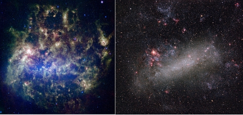 Die Große Magellanische Wolke im Infrarot (links) und optisch (rechts) 2007