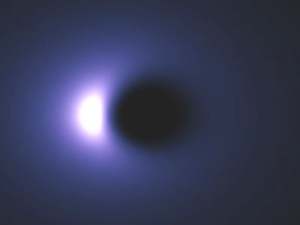 Computersimulation einer leuchtenden, um 40 Grad geneigten Materiescheibe um rotierendes Schwarzes Loch