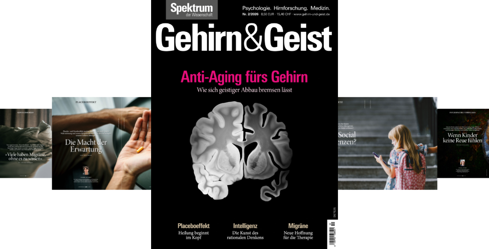 Titelbild der Zeitschrift "Gehirn&Geist" mit dem Thema "Anti-Aging fürs Gehirn". Das Cover zeigt eine stilisierte Darstellung eines Gehirns in Grautönen. Oben links steht "Spektrum der Wissenschaft", und darunter "Psychologie, Hirnforschung, Medizin". Der Untertitel lautet "Wie sich geistiger Abbau bremsen lässt". Unten sind Themen wie "Placeboeffekt", "Intelligenz" und "Migräne" aufgeführt. Links und rechts sind kleinere Bilder mit Artikeltiteln zu sehen, darunter "Die Macht der Erwartung" und "Wenn Kinder keine Reue fühlen".
