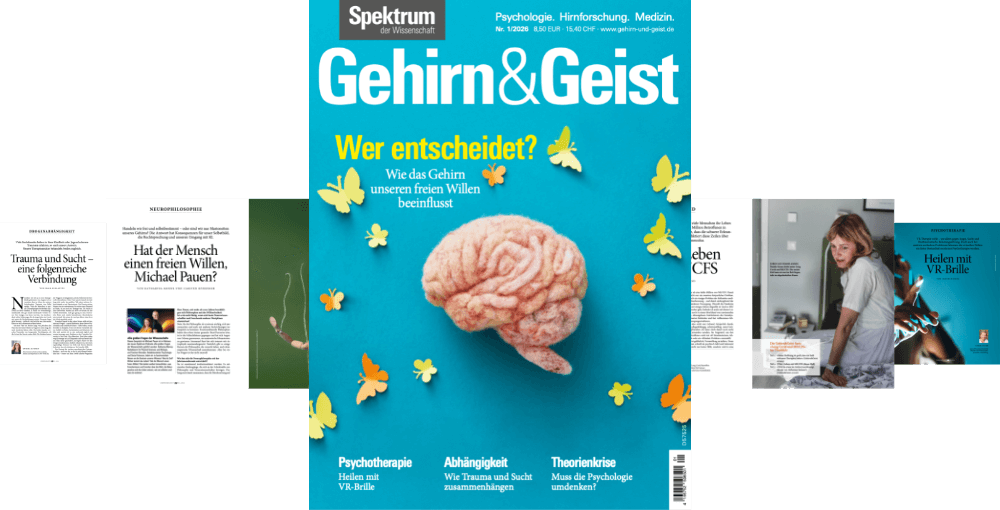 Titelbild des Magazins "Gehirn&Geist" mit dem Thema "Wer entscheidet? Wie das Gehirn unseren freien Willen beeinflusst". Das Cover zeigt ein Modell eines Gehirns umgeben von Schmetterlingen auf blauem Hintergrund. Oben links das Logo von "Spektrum der Wissenschaft". Unten sind Themen wie Psychotherapie, Abhängigkeit und Theorienkrise aufgeführt. Links und rechts sind kleinere Abbildungen von Artikelseiten zu sehen.