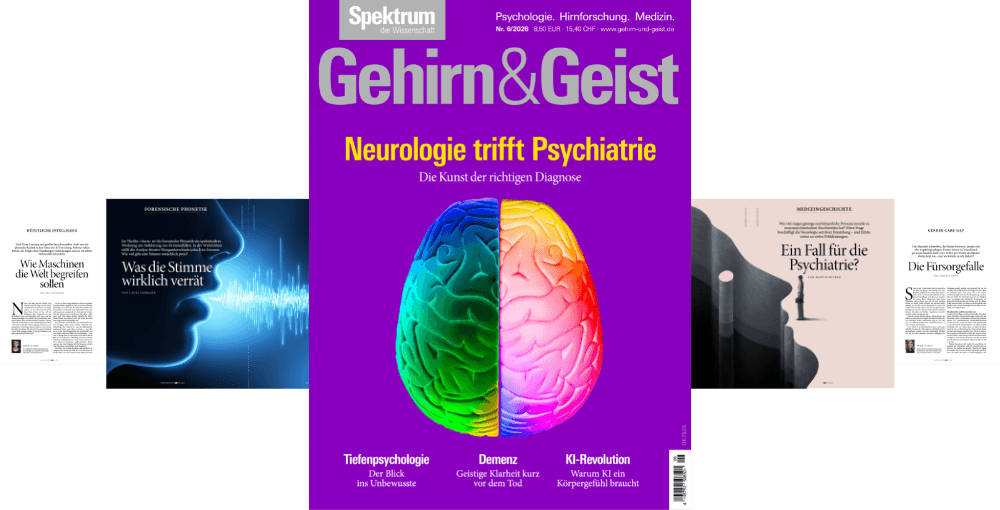 Das Bild zeigt das Cover der Zeitschrift "Gehirn&Geist" mit dem Titel "Neurologie trifft Psychiatrie: Die Kunst der richtigen Diagnose". Im Zentrum ist ein farbenfrohes, stilisiertes Gehirn abgebildet, das in zwei Hälften geteilt ist. Die linke Seite ist blau und grün, die rechte Seite gelb und rosa. Unter dem Gehirn stehen die Themen "Tiefenpsychologie", "Demenz" und "KI-Revolution". Links und rechts sind kleinere Artikelvorschauen zu sehen, die sich mit Themen wie Maschinen, Stimme und Psychiatrie befassen.