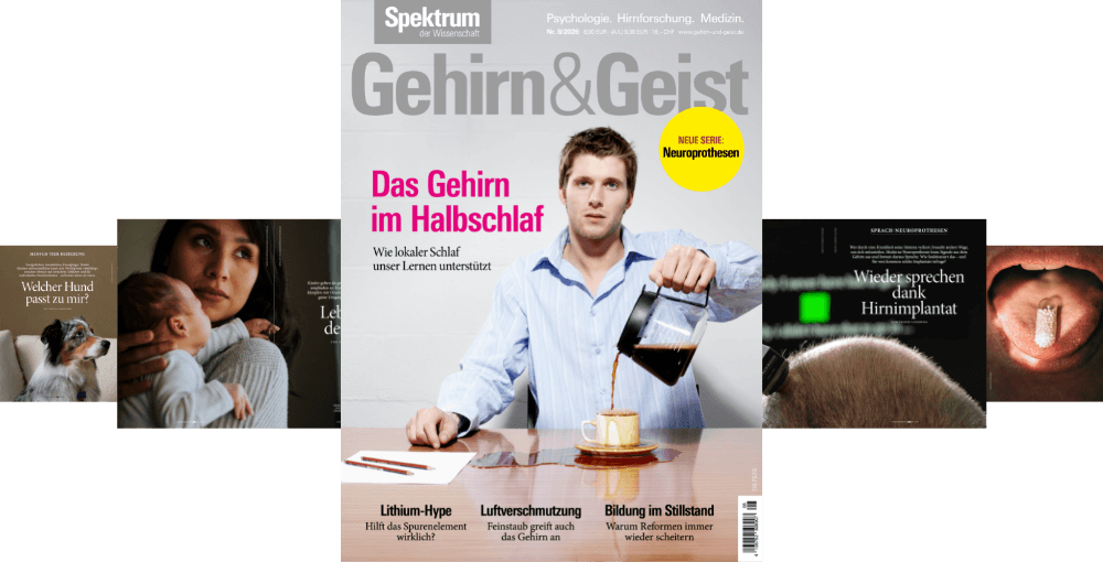 Titelbild des Magazins "Gehirn&Geist" mit dem Hauptthema "Das Gehirn im Halbschlaf". Ein Mann gießt Kaffee in eine Tasse. Oben links steht "Spektrum der Wissenschaft". Weitere Themen auf dem Cover sind "Lithium-Hype", "Luftverschmutzung" und "Bildung im Stillstand". Links und rechts sind kleinere Abbildungen zu sehen, darunter ein Hund und ein Baby sowie ein Artikel über Hirnimplantate.