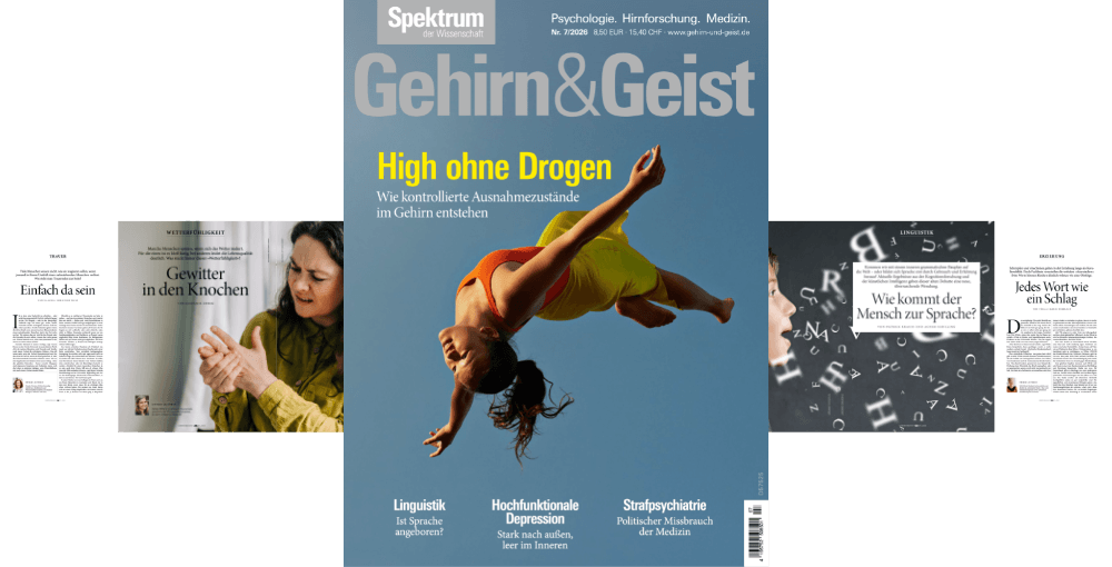 Das Bild zeigt das Cover der Zeitschrift "Gehirn&Geist" mit dem Titel "High ohne Drogen", das sich mit kontrollierten Ausnahmezuständen im Gehirn beschäftigt. Eine Person in einem roten Oberteil und gelben Shorts ist in einer dynamischen Pose in der Luft abgebildet. Weitere Themen auf dem Cover sind Linguistik, hochfunktionale Depression und Strafpsychiatrie. Links und rechts sind kleinere Artikelvorschauen zu sehen, darunter "Gewitter in den Knochen" und "Wie kommt der Mensch zur Sprache?".