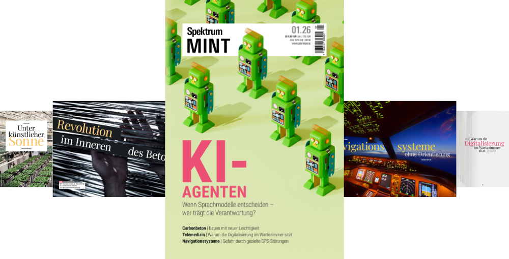 Ein Bildschirmfoto zeigt das Cover der Zeitschrift "Spektrum MINT" mit dem Titel "KI-AGENTEN". Das Cover ist mit grünen Roboterfiguren illustriert. Der Text thematisiert die Verantwortung von Sprachmodellen. Weitere Themen auf dem Cover sind "Carbonbeton", "Telemedizin" und "Navigationssysteme". Im Hintergrund sind kleinere Bilder mit den Titeln "Unter künstlicher Sonne", "Revolution im Inneren des Betons", "Navigationssysteme ohne Orientierung" und "Warum die Digitalisierung am Wartezimmer scheitert" zu sehen.