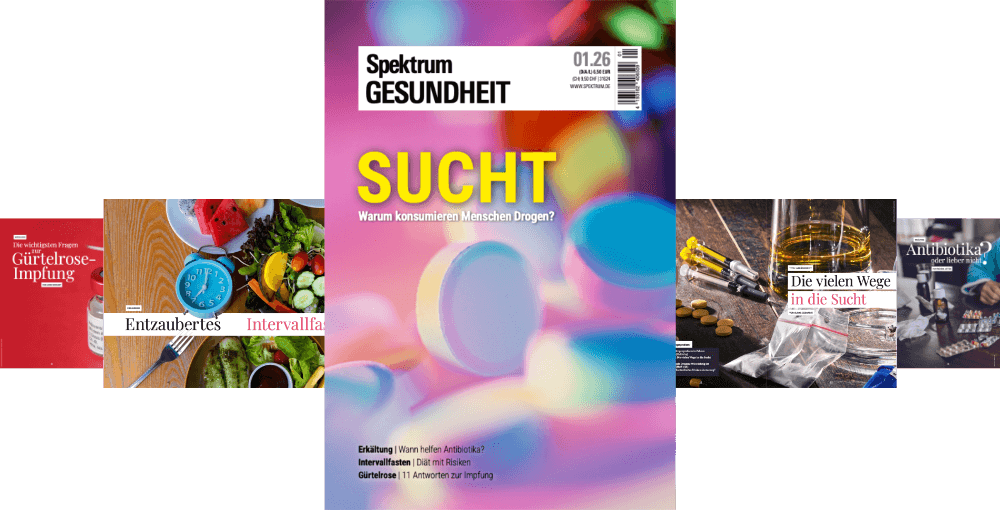 Eine Collage von fünf Zeitschriftencovern der "Spektrum Gesundheit". Das zentrale Cover zeigt den Titel "SUCHT" in großen gelben Buchstaben vor einem bunten, verschwommenen Hintergrund. Oben steht "Spektrum GESUNDHEIT". Die anderen Cover thematisieren "Gürtelrose-Impfung", "Intervallfasten", "Die vielen Wege in die Sucht" und "Antibiotika". Jedes Cover hat ein spezifisches Bild und thematische Schlagzeilen.