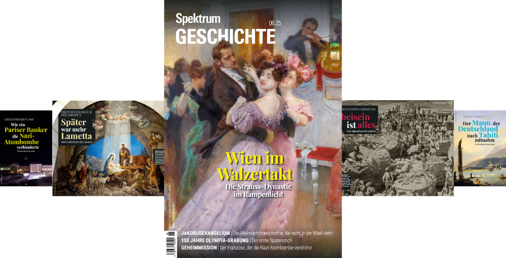 Titelbild des Magazins "Spektrum Geschichte" mit dem Hauptthema "Wien im Walzertakt: Die Strauss-Dynastie im Rampenlicht". Das zentrale Bild zeigt ein elegantes Paar beim Walzertanz in einem opulenten Ballsaal. Um das Hauptbild herum sind kleinere Abbildungen von anderen Artikeln des Magazins zu sehen, darunter Themen wie die Verhinderung der Nazi-Atombombe durch Pariser Banker und die Geschichte der Olympia-Ausgrabung. Die Gestaltung vermittelt eine historische und kulturelle Atmosphäre.