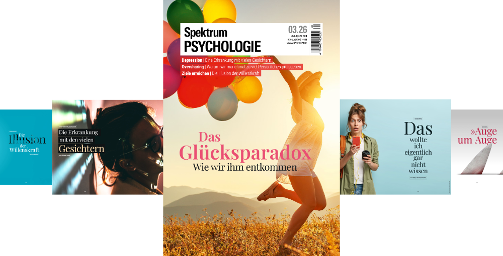 Das Bild zeigt das Cover der Zeitschrift "Spektrum Psychologie" mit der Ausgabe 03.26. Im Mittelpunkt steht eine Frau, die in einem Feld mit bunten Luftballons springt. Der Titel lautet "Das Glücksparadox: Wie wir ihm entkommen". Weitere Themen auf dem Cover sind Depression, Oversharing und Zielerreichung. Links und rechts sind kleinere Abbildungen mit Titeln wie "Die Illusion der Willenskraft" und "Das wollte ich eigentlich gar nicht wissen" zu sehen.