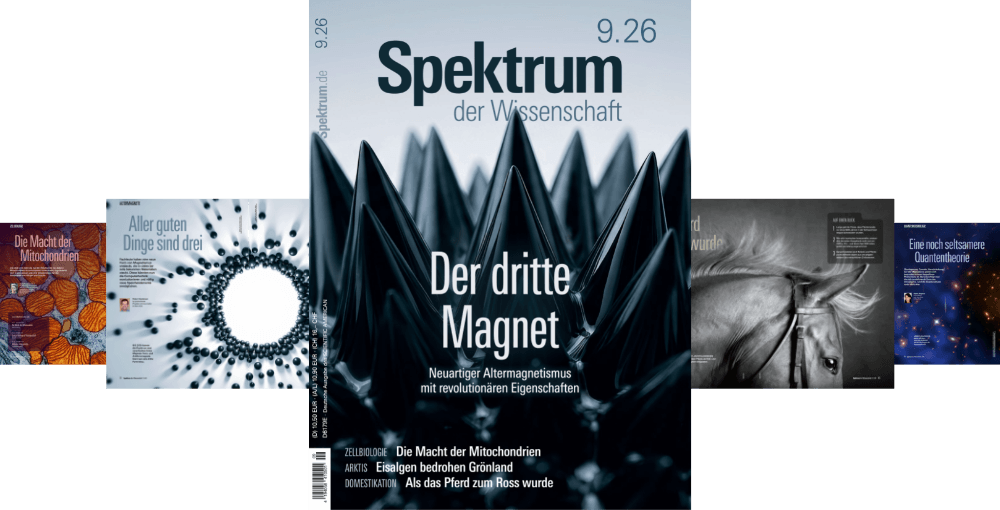 Titelbild der Zeitschrift "Spektrum der Wissenschaft" mit dem Hauptthema "Der dritte Magnet", das neuartige Eigenschaften von Alternativmagnetismus behandelt. Das Bild zeigt spitze, metallische Strukturen. Weitere Themen auf dem Cover sind "Die Macht der Mitochondrien", "Eisgelen bedrohen Grönland" und "Als das Pferd zum Ross wurde". Links und rechts sind kleinere Abbildungen von Artikeln zu sehen, darunter ein Pferd und ein wissenschaftliches Diagramm.