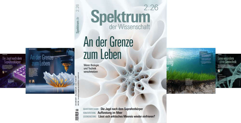 Titelbild der Zeitschrift "Spektrum der Wissenschaft" mit dem Hauptthema "An der Grenze zum Leben". Das Cover zeigt eine abstrakte, organische Struktur in Weiß- und Beigetönen. Weitere Themen auf dem Cover sind "Die Jagd nach dem Suprafestkörper", "Aufrüstung im Meer" und "Gene verändern ohne Gentechnik". Im Hintergrund sind kleinere Abbildungen von Artikeln zu sehen, die verschiedene wissenschaftliche Themen illustrieren.