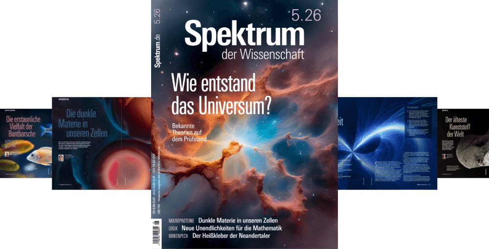 Titelbild der Zeitschrift "Spektrum der Wissenschaft" mit dem Thema "Wie entstand das Universum?". Das Cover zeigt ein farbenfrohes astronomisches Bild eines Nebels im Weltraum, das in Blau-, Rot- und Orangetönen leuchtet. Oben links steht "Spektrum der Wissenschaft 5.26". Weitere Themen auf dem Cover sind "Dunkle Materie in unseren Zellen" und "Der älteste Kunststoff der Welt". Im Hintergrund sind kleinere Abbildungen von Artikelseiten zu sehen.
