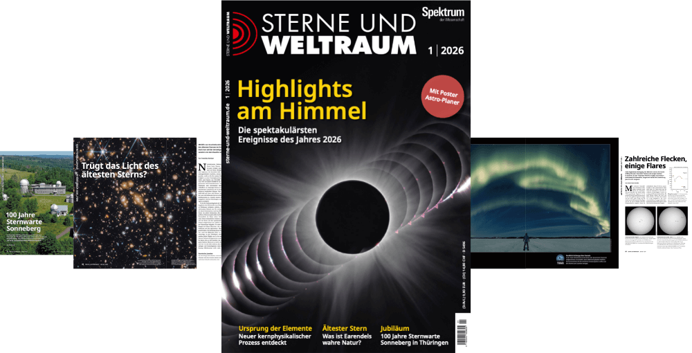 Titelbild der Zeitschrift "Sterne und Weltraum" Ausgabe 1/2026. Im Zentrum eine künstlerische Darstellung einer Sonnenfinsternis mit konzentrischen Kreisen. Der Text "Highlights am Himmel" kündigt die spektakulärsten Ereignisse des Jahres 2026 an. Weitere Themen: Ursprung der Elemente, ältester Stern und das 100-jährige Jubiläum der Sternwarte Sonneberg. Im Hintergrund sind kleinere Abbildungen von Sternen, einem Observatorium und Polarlichtern zu sehen.