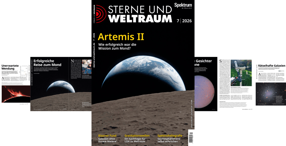 Titelbild der Zeitschrift "Sterne und Weltraum" Ausgabe 7/2026. Im Vordergrund ist die Mondoberfläche zu sehen, darüber der blaue Planet Erde. Der Titel lautet "Artemis II: Wie erfolgreich war die Mission zum Mond?". Weitere Themen auf dem Cover sind "Bizarer Fund: Galaxien ohne Dunkle Materie", "Gravitationswellen: Ein Nachfolger für LISA im Weltraum" und "Spektroheliografie: Sonnenphänomene selbst erforschen". Im Hintergrund sind kleinere Artikelvorschauen zu sehen, darunter "Unerwartete Wendung" und "Rätselhafte Galaxien".