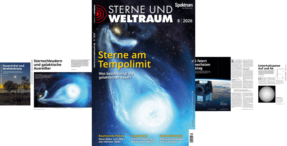 Titelbild der Zeitschrift "Sterne und Weltraum", Ausgabe 8/2026. Das Hauptthema lautet "Sterne am Tempolimit", begleitet von einem beeindruckenden Bild eines galaktischen Phänomens mit leuchtenden, blauen und weißen Farben, das die Dynamik und Geschwindigkeit von Sternen darstellt. Weitere Themen auf dem Cover sind "Raumsonde Psyche", "Exoplaneten" und "Sonnenfinsternis". Die Abbildung vermittelt ein Gefühl von Bewegung und Energie im Weltraum.