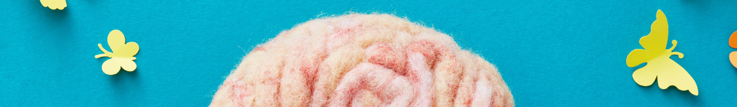 Eine künstlerische Darstellung eines Gehirns aus rosa Wolle vor einem türkisfarbenen Hintergrund. Um das Gehirn herum schweben gelbe Schmetterlinge aus Papier, die dem Bild eine verspielte und kreative Atmosphäre verleihen.