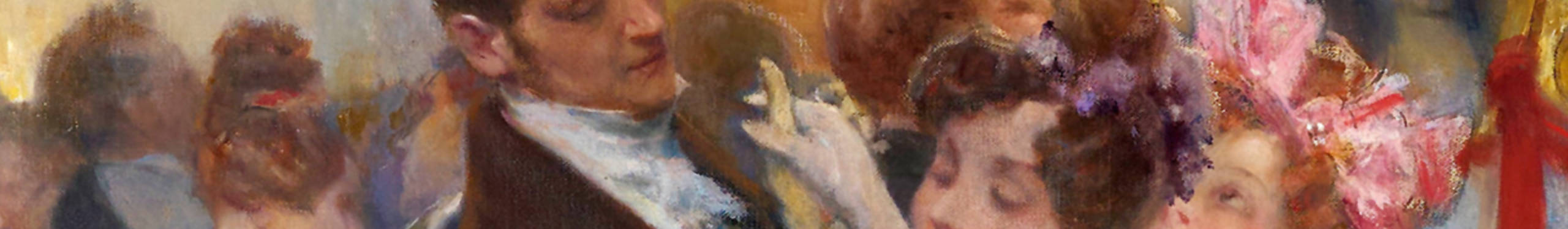 Ein impressionistisches Gemälde zeigt eine lebhafte Tanzszene. Ein Paar tanzt eng umschlungen, umgeben von einer verschwommenen Menschenmenge. Die Farben sind warm und lebendig, mit dominierenden Tönen von Braun, Rosa und Gold. Die Pinselstriche sind weich und fließend, was der Szene eine dynamische und emotionale Atmosphäre verleiht.