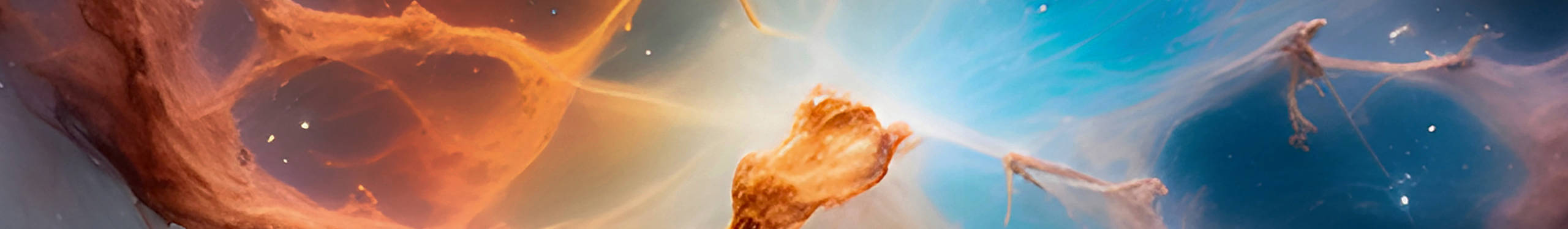 Eine farbenfrohe astronomische Darstellung zeigt eine kosmische Szene mit leuchtenden Gaswolken in Orange- und Blautönen, die sich in der Mitte treffen. Die Wolken scheinen sich in einem Nebel zu befinden, durchsetzt mit kleinen, funkelnden Sternen. Die Farben und Formen vermitteln den Eindruck von Bewegung und Energie im Weltraum.