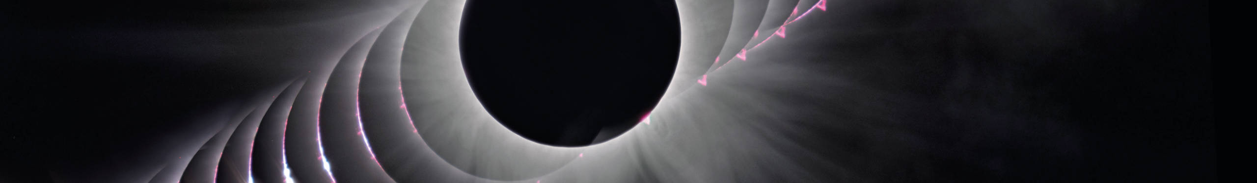 Eine künstlerische Darstellung einer Sonnenfinsternis, bei der der Mond die Sonne verdeckt. Strahlenförmige Lichtbögen und leuchtende Linien umgeben die dunkle Silhouette des Mondes, was die Korona der Sonne darstellt. Die Lichtbögen sind in einem sanften Weiß gehalten, während die Linien in einem zarten Rosa leuchten. Der Hintergrund ist dunkel, was den Kontrast zur hellen Korona verstärkt.