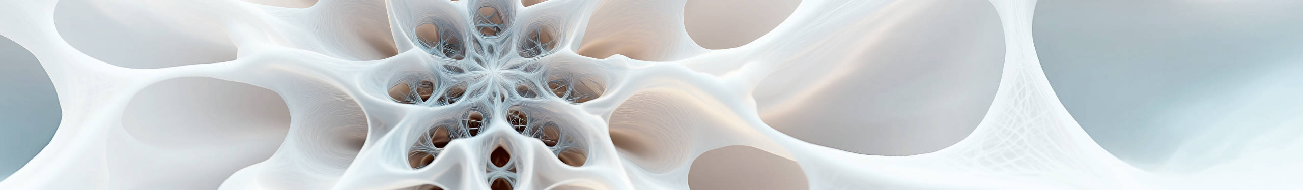 Eine 3D-Darstellung zeigt eine komplexe, organisch wirkende Struktur mit durchscheinenden, netzartigen Mustern. Die Formen sind symmetrisch angeordnet und erinnern an ein Netzwerk aus Röhren oder Fasern, die sich in einem zentralen Punkt treffen. Die Farbpalette besteht aus sanften Weiß- und Beigetönen, die der Darstellung eine ätherische und futuristische Anmutung verleihen.