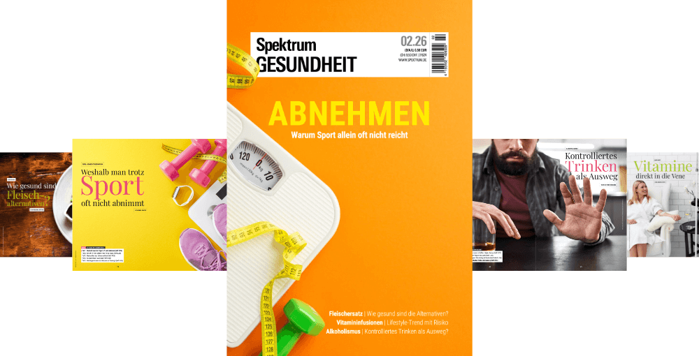 Eine Collage von Magazin-Covern der "Spektrum Gesundheit" Ausgabe 02.26. Im Zentrum steht ein Cover mit dem Titel "Abnehmen: Warum Sport allein oft nicht reicht", illustriert mit einer Waage, einem Maßband und einem grünen Hantel. Weitere Cover thematisieren Sport, Fleischalternativen, kontrolliertes Trinken und Vitamininfusionen. Jedes Cover enthält themenspezifische Bilder und Texte.