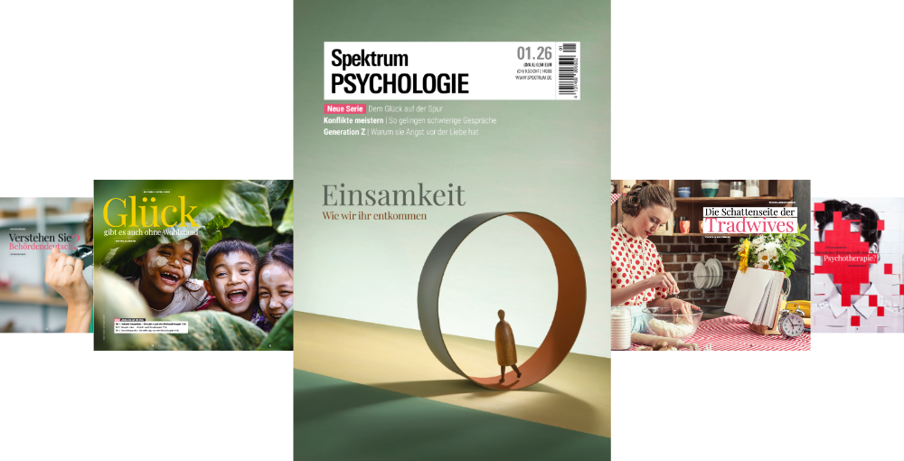 Eine Collage von fünf Magazin-Covern. Das zentrale Cover zeigt "Spektrum Psychologie" mit dem Titel "Einsamkeit: Wie wir ihr entkommen". Links oben ein Cover mit lachenden Kindern und dem Titel "Glück gibt es auch ohne Wohlstand". Rechts oben eine Frau in einer Küche mit dem Titel "Die Schattenseite der Tradwives". Links unten ein Cover mit dem Text "Verstehen Sie besondere Bedürfnisse". Rechts unten ein Cover mit dem Titel "Psychotherapie". Die Cover thematisieren psychologische und gesellschaftliche Themen.