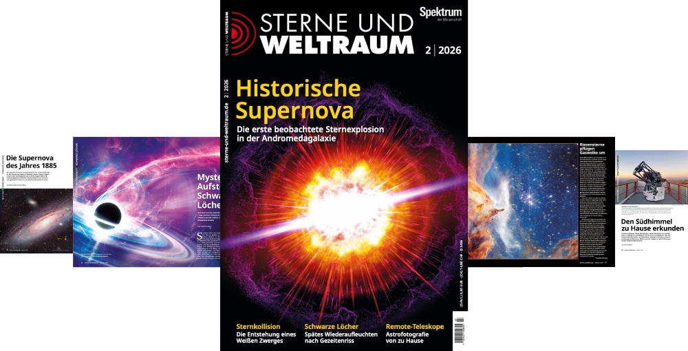 Titelbild der Zeitschrift "Sterne und Weltraum", Ausgabe 2/2026. Im Zentrum ist eine künstlerische Darstellung einer Supernova-Explosion in der Andromedagalaxie zu sehen, begleitet von leuchtenden Farben und energiereichen Strahlen. Der Text auf dem Cover hebt die historische Bedeutung dieser ersten beobachteten Sternenexplosion hervor. Weitere Themen auf dem Cover sind Sternkollisionen, Schwarze Löcher und Remote-Teleskope. Im Hintergrund sind kleinere Abbildungen und Artikelvorschauen zu astronomischen Phänomenen und Technologien zu erkennen.
